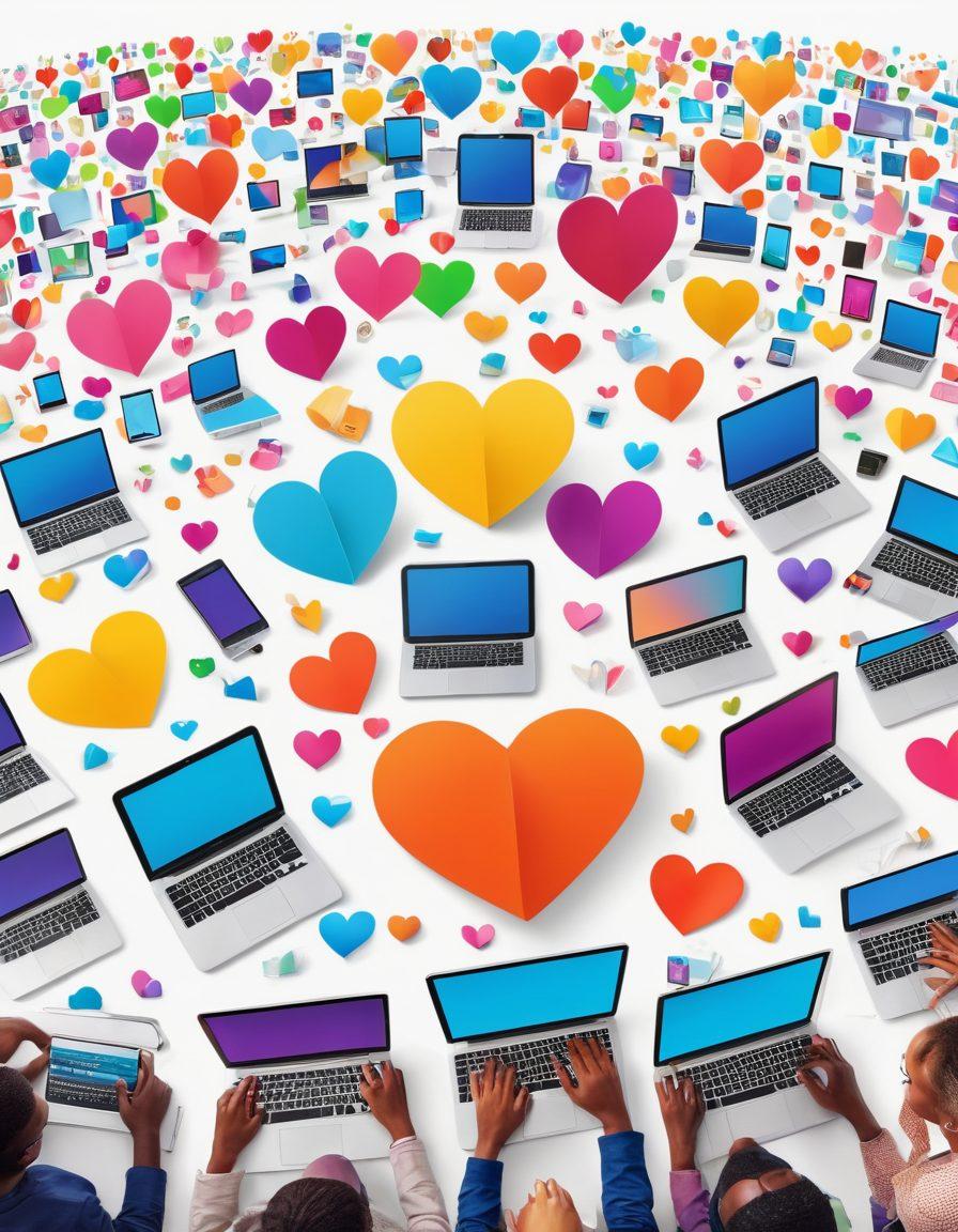 A vibrant scene of diverse individuals engaging in a lively online community, surrounded by digital devices displaying blogs and social media, with elements representing creativity and connection like pens, paper clips, and heart icons. The backdrop features a colorful digital landscape symbolizing the online world, emphasizing inclusivity and interaction. super-realistic. vibrant colors. white background.