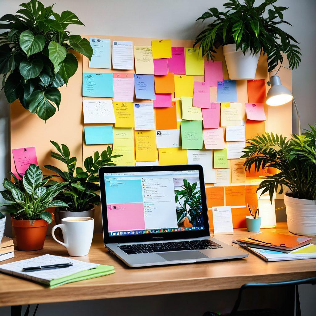 A beautifully designed digital workspace featuring a laptop with a personalized blogging interface open, surrounded by colorful sticky notes with ideas and social media icons. Include a cozy ambiance with indoor plants and a steaming cup of coffee, representing inspiration and creativity. Super-realistic. Vibrant colors. Warm lighting.